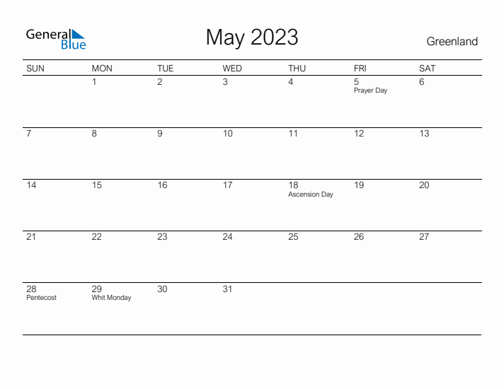 Printable May 2023 Calendar for Greenland