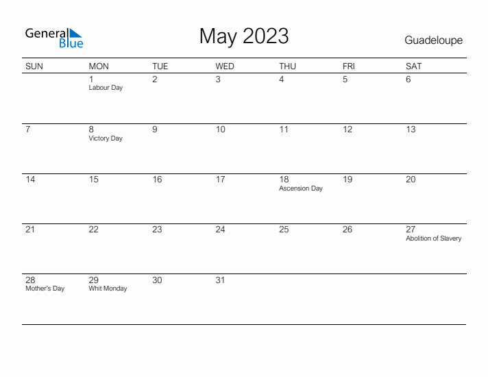 Printable May 2023 Calendar for Guadeloupe