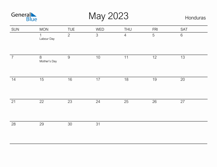 Printable May 2023 Calendar for Honduras