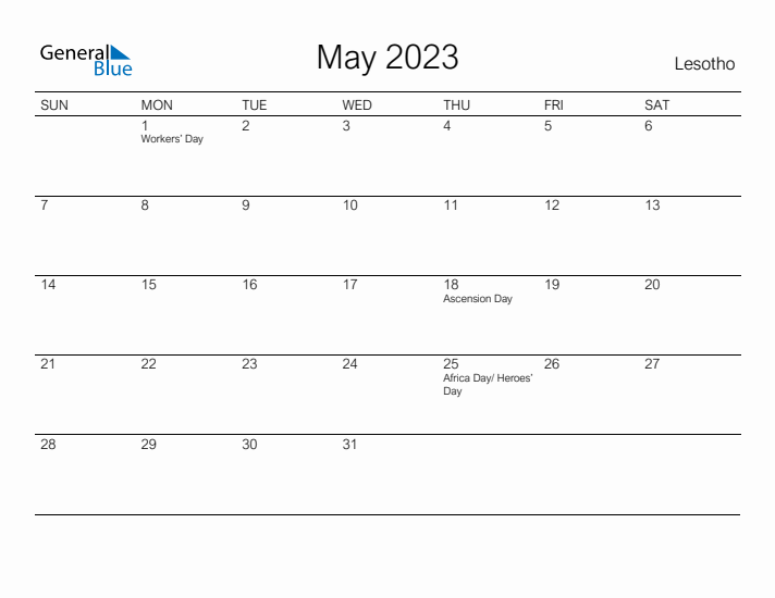 Printable May 2023 Calendar for Lesotho