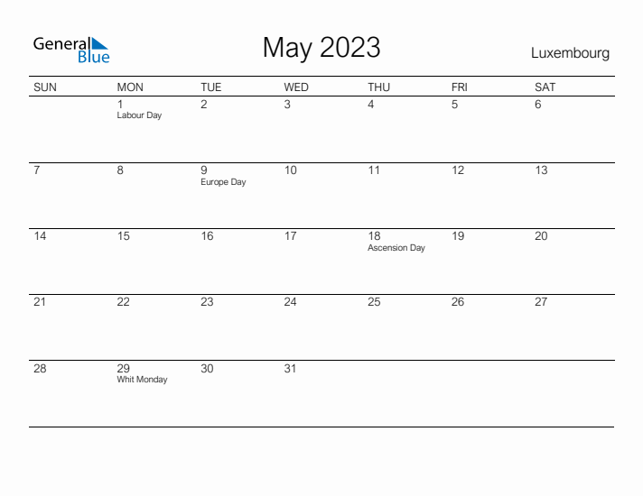 Printable May 2023 Calendar for Luxembourg