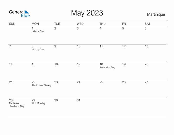 Printable May 2023 Calendar for Martinique