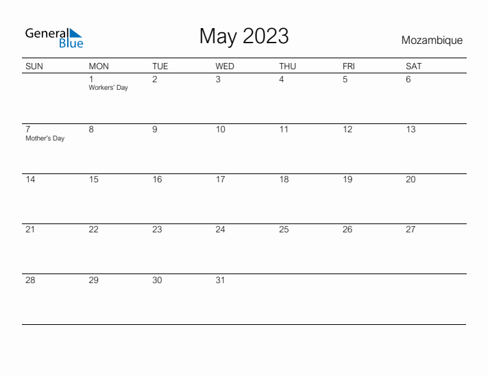 Printable May 2023 Calendar for Mozambique