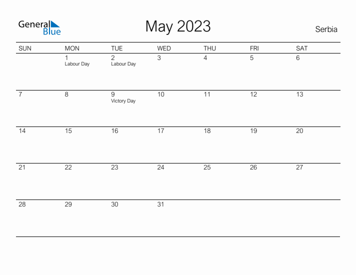 Printable May 2023 Calendar for Serbia