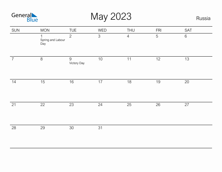 Printable May 2023 Calendar for Russia