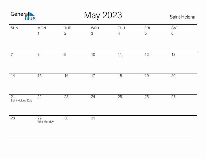 Printable May 2023 Calendar for Saint Helena