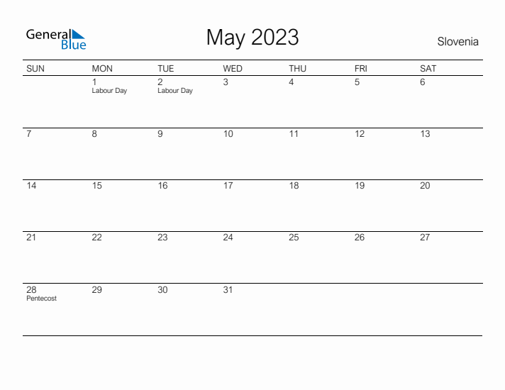 Printable May 2023 Calendar for Slovenia