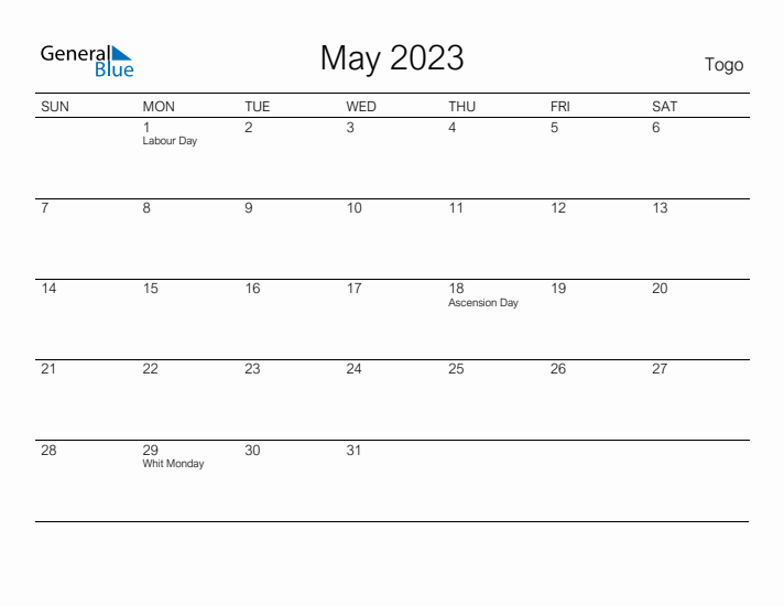 Printable May 2023 Calendar for Togo