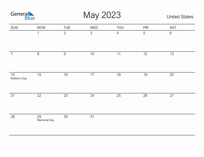 Printable May 2023 Calendar for United States