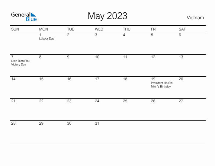 Printable May 2023 Calendar for Vietnam