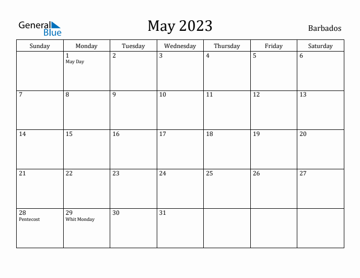 May 2023 Calendar Barbados