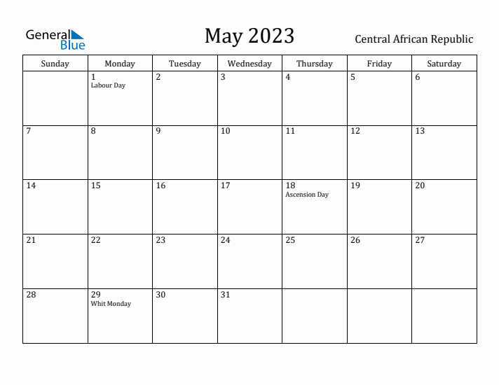 May 2023 Calendar Central African Republic