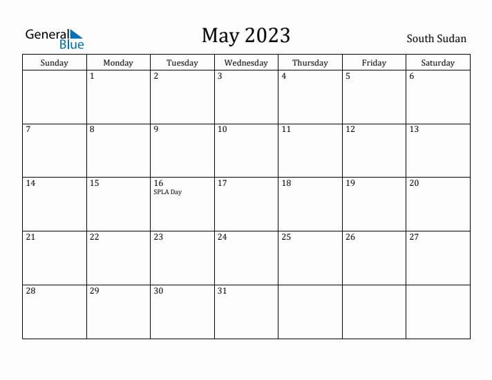 May 2023 Calendar South Sudan