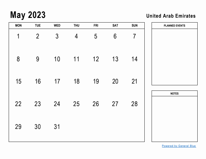 May 2023 Printable Monthly Calendar with United Arab Emirates Holidays