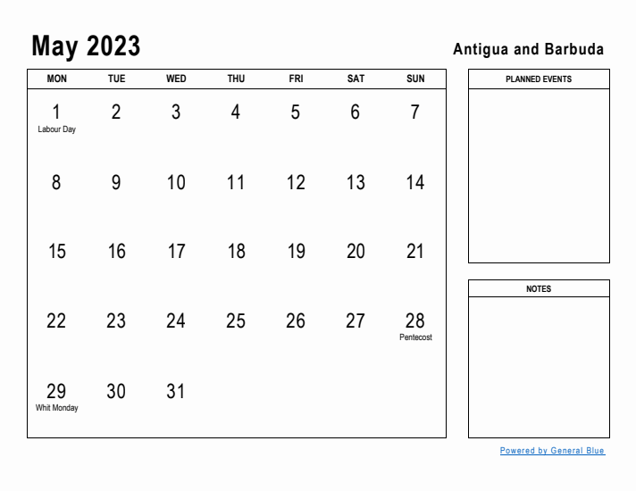 May 2023 Printable Monthly Calendar with Antigua and Barbuda Holidays