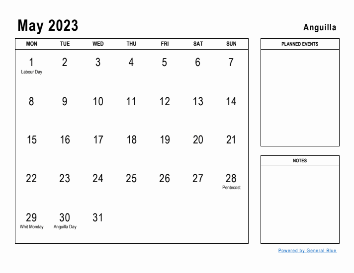 May 2023 Printable Monthly Calendar with Anguilla Holidays