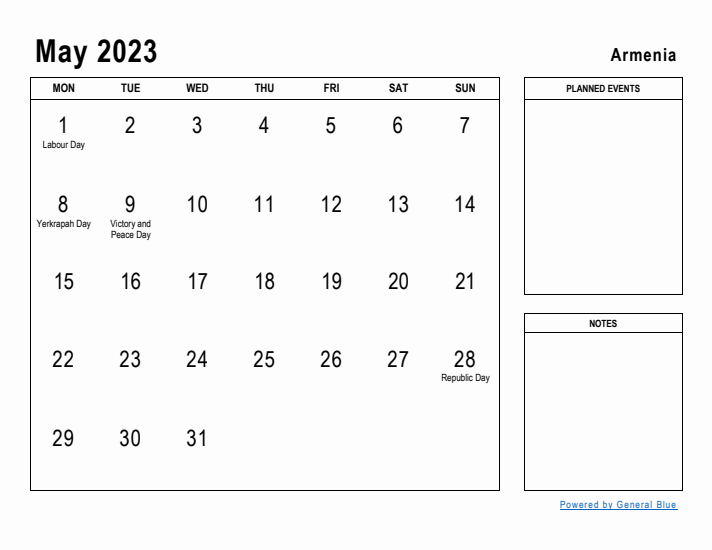 May 2023 Printable Monthly Calendar with Armenia Holidays