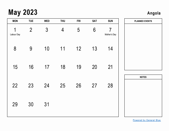 May 2023 Printable Monthly Calendar with Angola Holidays