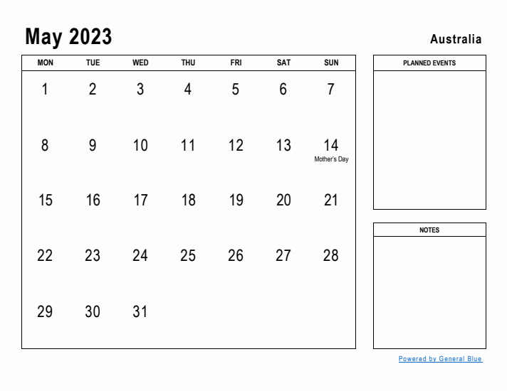 May 2023 Printable Monthly Calendar with Australia Holidays