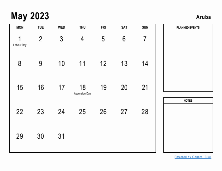 May 2023 Printable Monthly Calendar with Aruba Holidays