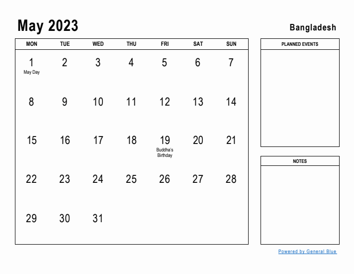 May 2023 Printable Monthly Calendar with Bangladesh Holidays