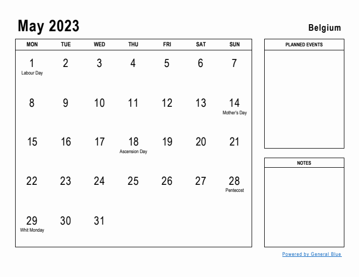 May 2023 Printable Monthly Calendar with Belgium Holidays