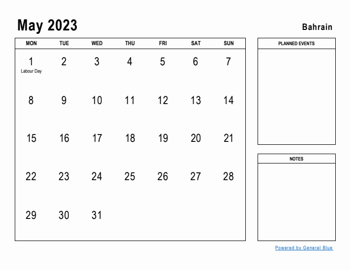 May 2023 Printable Monthly Calendar with Bahrain Holidays