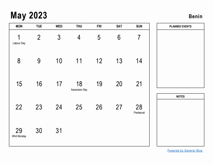 May 2023 Printable Monthly Calendar with Benin Holidays