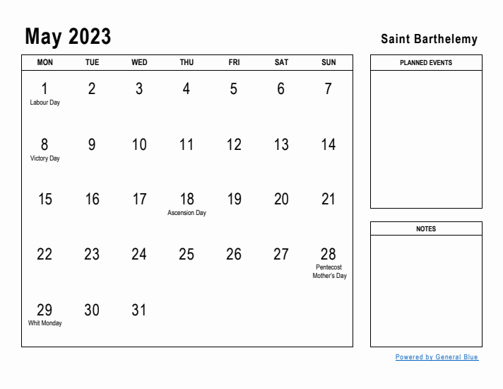 May 2023 Printable Monthly Calendar with Saint Barthelemy Holidays