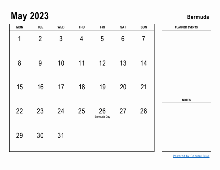 May 2023 Printable Monthly Calendar with Bermuda Holidays