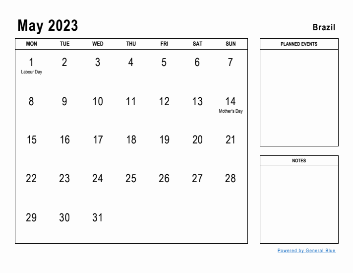 May 2023 Printable Monthly Calendar with Brazil Holidays