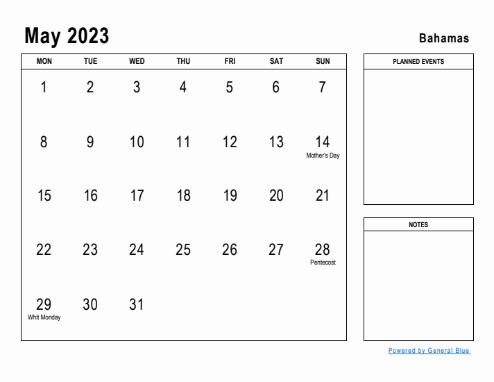 May 2023 Printable Monthly Calendar with Bahamas Holidays