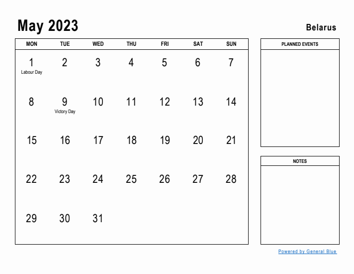 May 2023 Printable Monthly Calendar with Belarus Holidays