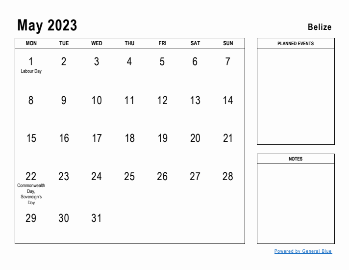 May 2023 Printable Monthly Calendar with Belize Holidays