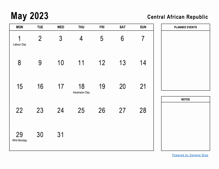 May 2023 Printable Monthly Calendar with Central African Republic Holidays