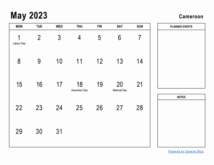 May 2023 Printable Monthly Calendar with Cameroon Holidays