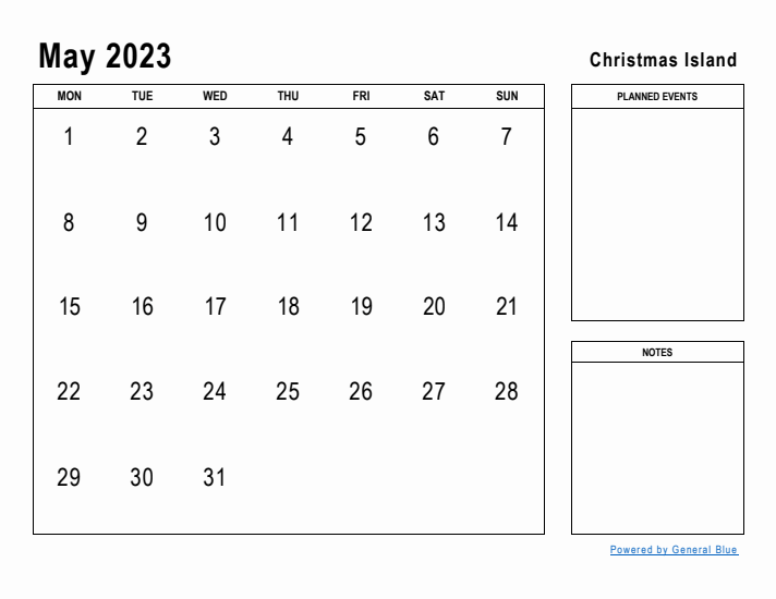 May 2023 Printable Monthly Calendar with Christmas Island Holidays