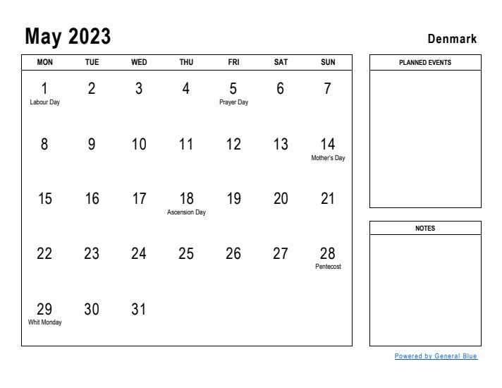 May 2023 Printable Monthly Calendar with Denmark Holidays