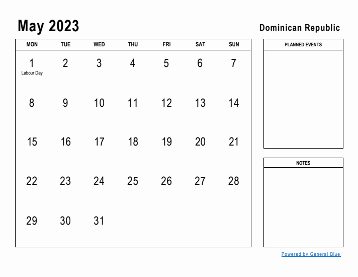 May 2023 Printable Monthly Calendar with Dominican Republic Holidays