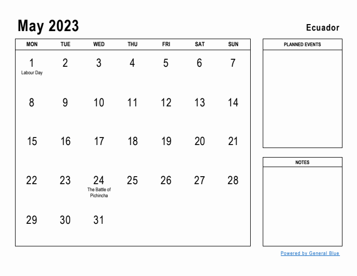 May 2023 Printable Monthly Calendar with Ecuador Holidays