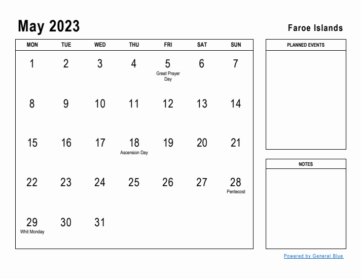 May 2023 Printable Monthly Calendar with Faroe Islands Holidays