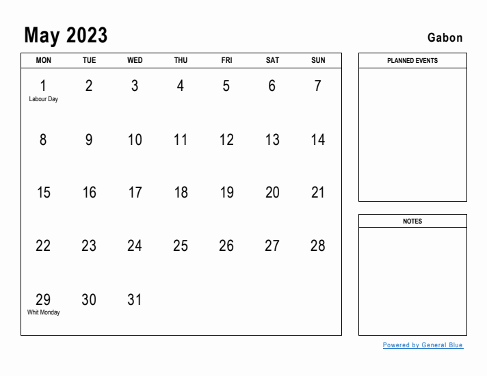 May 2023 Printable Monthly Calendar with Gabon Holidays