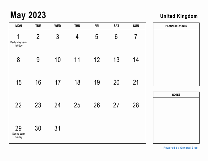 May 2023 Printable Monthly Calendar with United Kingdom Holidays