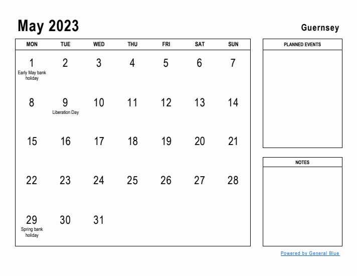 May 2023 Printable Monthly Calendar with Guernsey Holidays