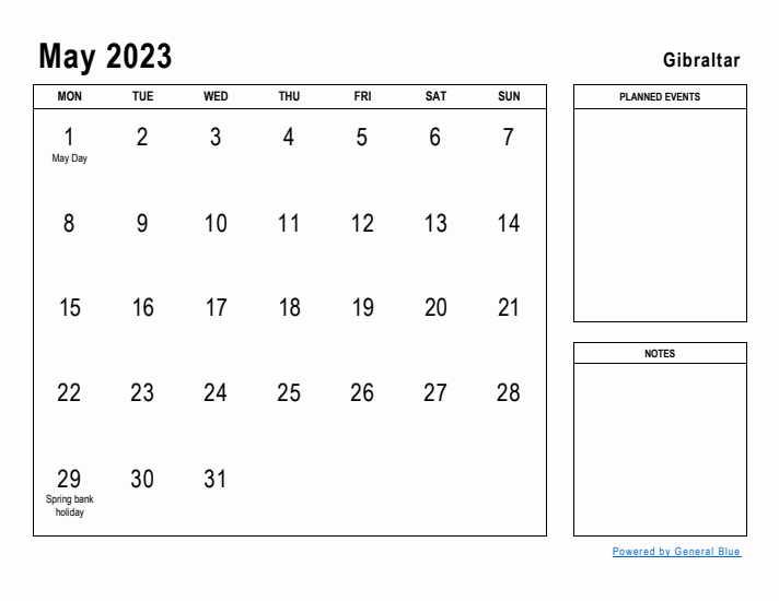 May 2023 Printable Monthly Calendar with Gibraltar Holidays