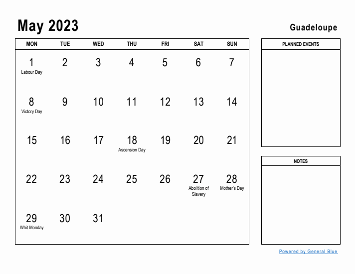 May 2023 Printable Monthly Calendar with Guadeloupe Holidays