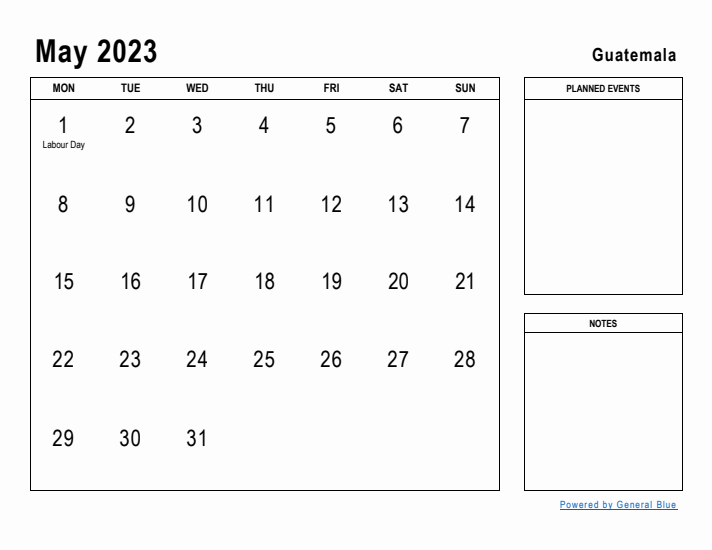 May 2023 Printable Monthly Calendar with Guatemala Holidays