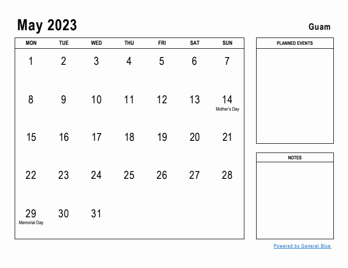 May 2023 Printable Monthly Calendar with Guam Holidays