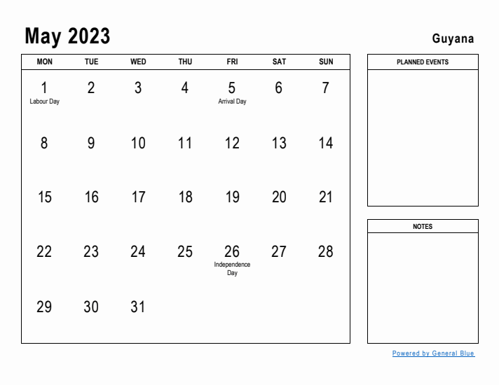 May 2023 Printable Monthly Calendar with Guyana Holidays