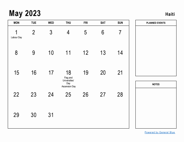 May 2023 Printable Monthly Calendar with Haiti Holidays